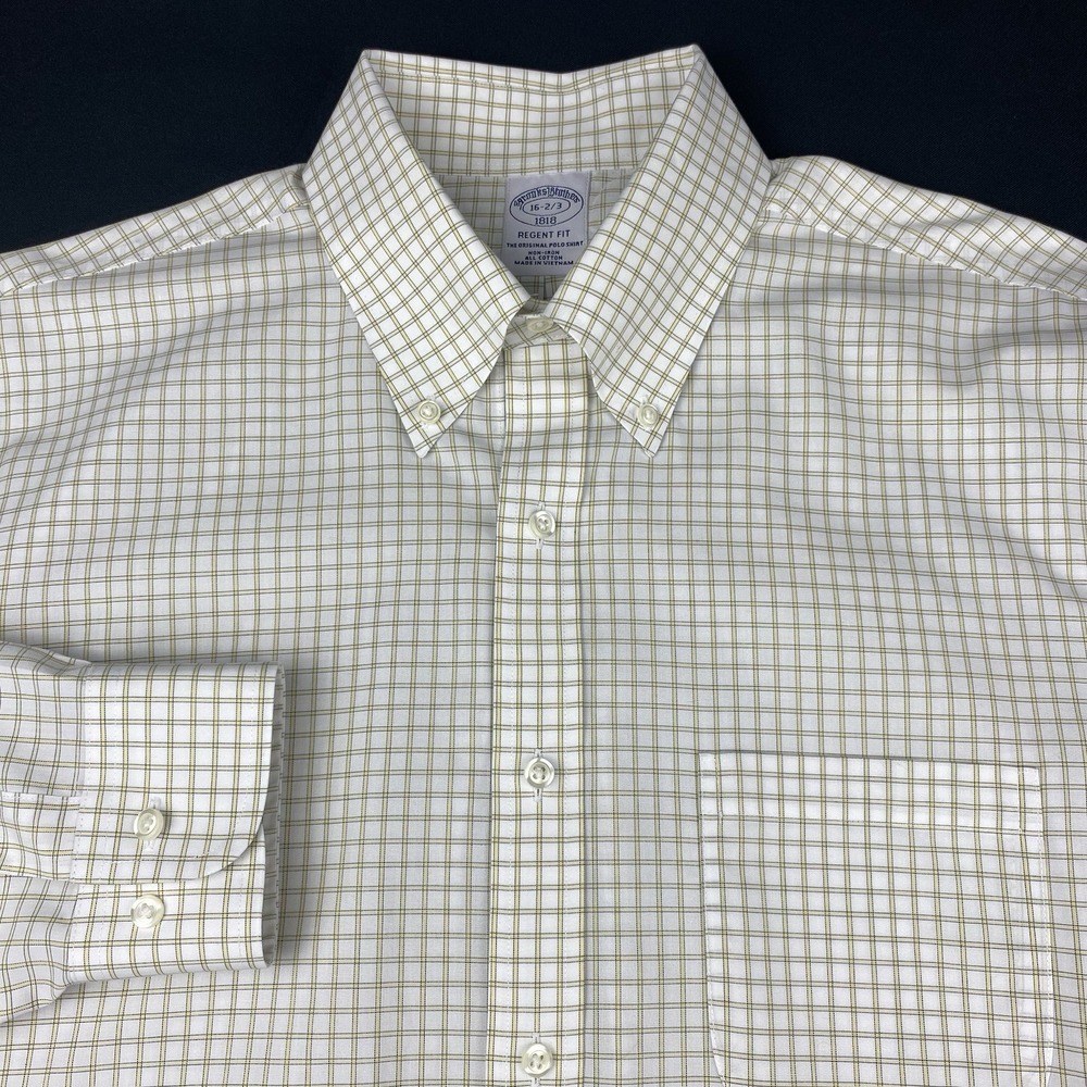 Brooks Brothers Dress Shirt Mens 16-2/3 Yellow Checks Regent‎ No Iron